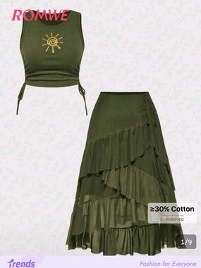 ROMWE Olive Green Layered Top And Ruffle Maxi Skirt